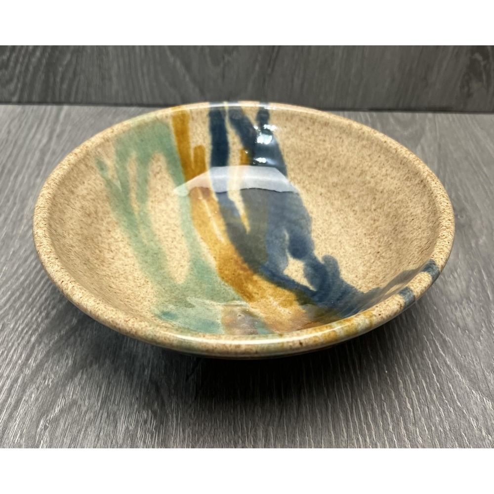 Julia Studio Pottery‎ Bowl Signed Stoneware Abstract Drip Glaze Earth Tones